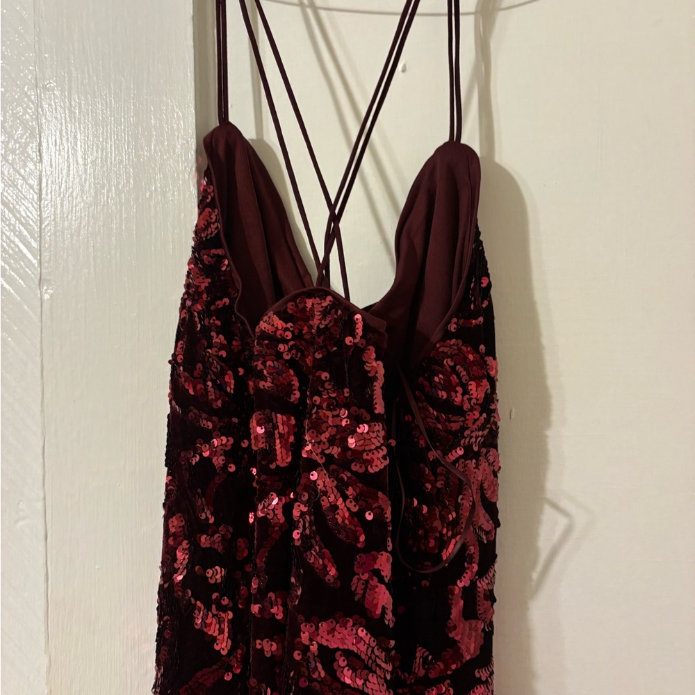 Faux Fur Burgundy Jacket and Midi Sequin Prom Dress - Picture 3 of 10